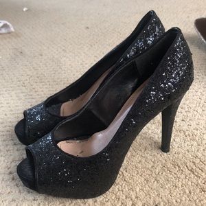 sparkly black opened toe high heels